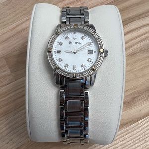 Bulova Ladies Watch Marine Star Genuine Diamonds White Pearl Dial 96R105